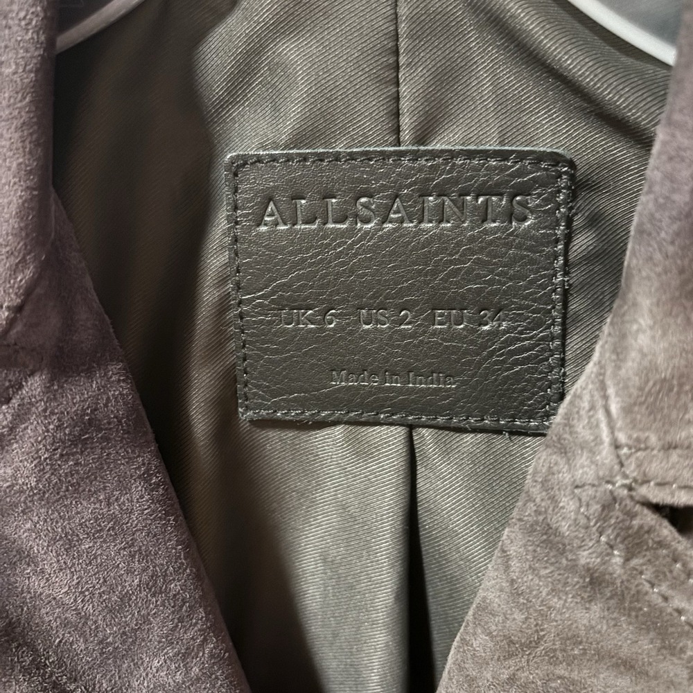 WOMENS ALLSAINTS BIKER JACKET SUEDE DALBY SLATE GREY SIZE 2 motto style - Picture 4 of 5